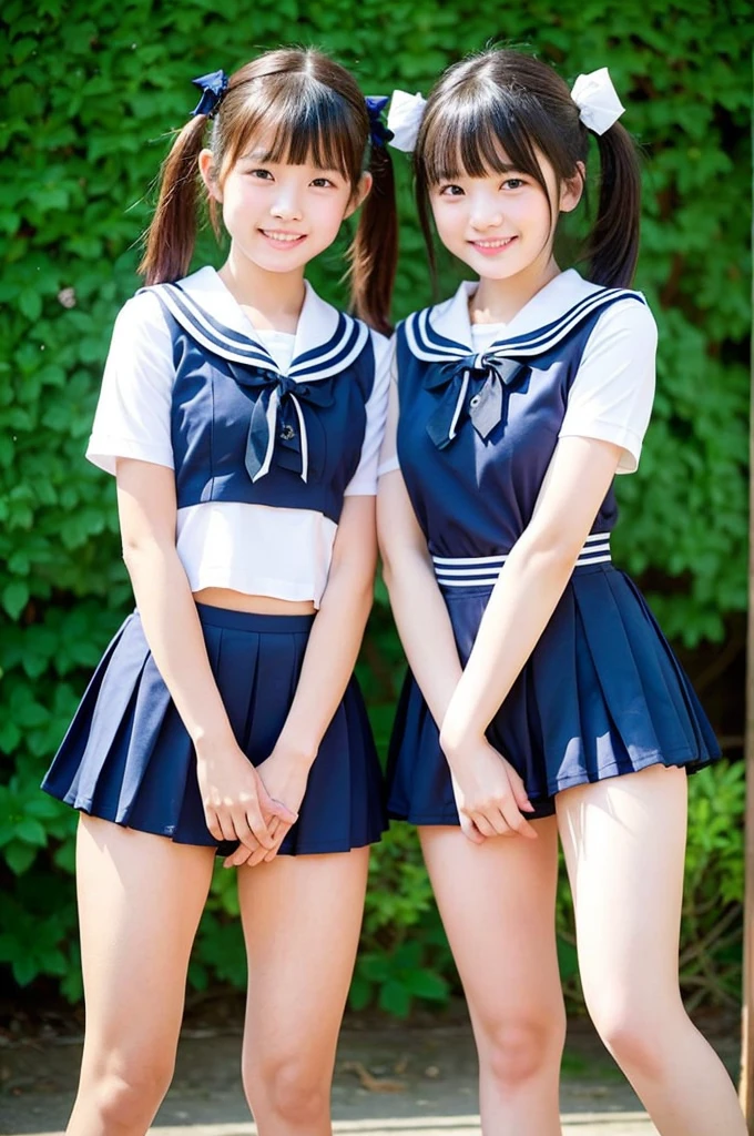 2 girls standing in school yard,short-sleeved navy blue frilled school swimsuit,hands on crotch,18-year-old,bangs,a little smile,thighs,knees,short hair with low pigtails bunches with sailor ribbon bow,from below,front light