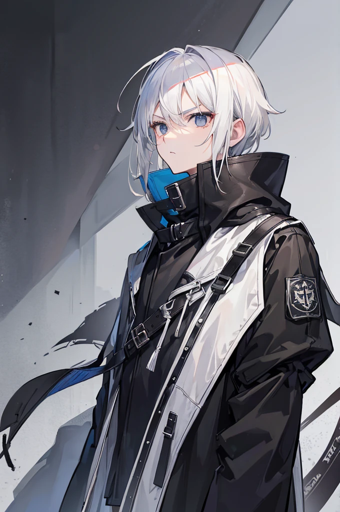 boy, white hair, black eyes, black hunter clothing, serious face