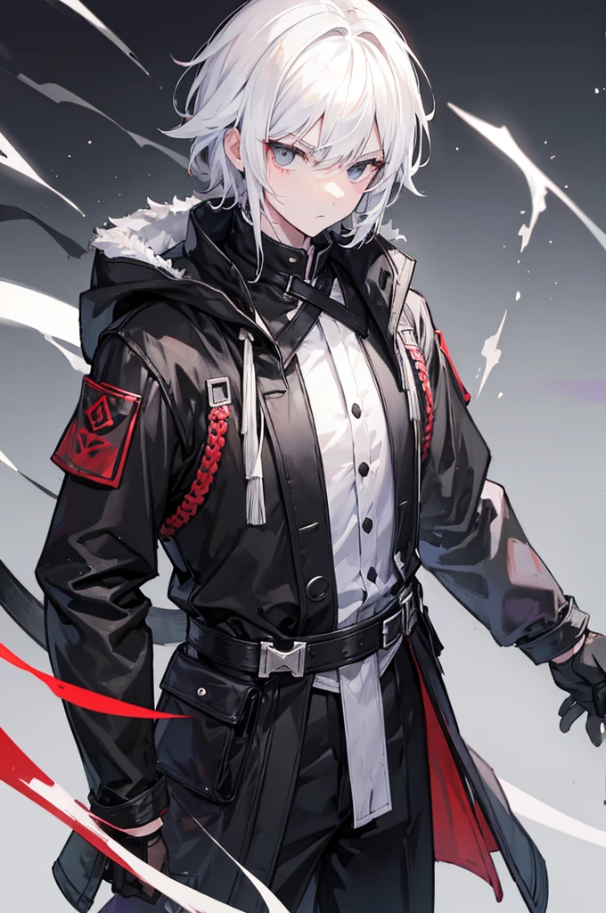 boy, white hair, black eyes, black hunter clothing, serious face