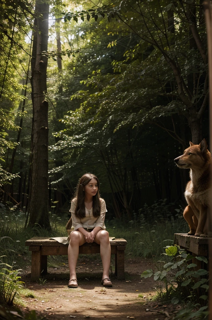 Illustration for a fairy tale about a girl, sitting in the forest, who talks to animals

