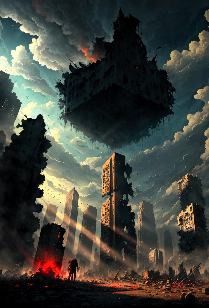 a destroyed city red and black with a giant shadow see form far