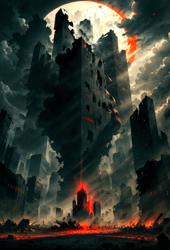 a destroyed city red and black with a giant shadow see form far