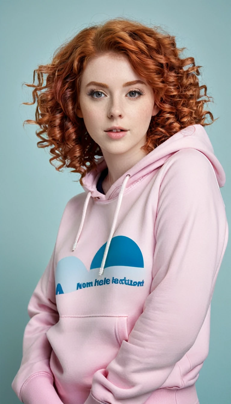 woman, redhead hair, curly hair, with sweatshirt pink,