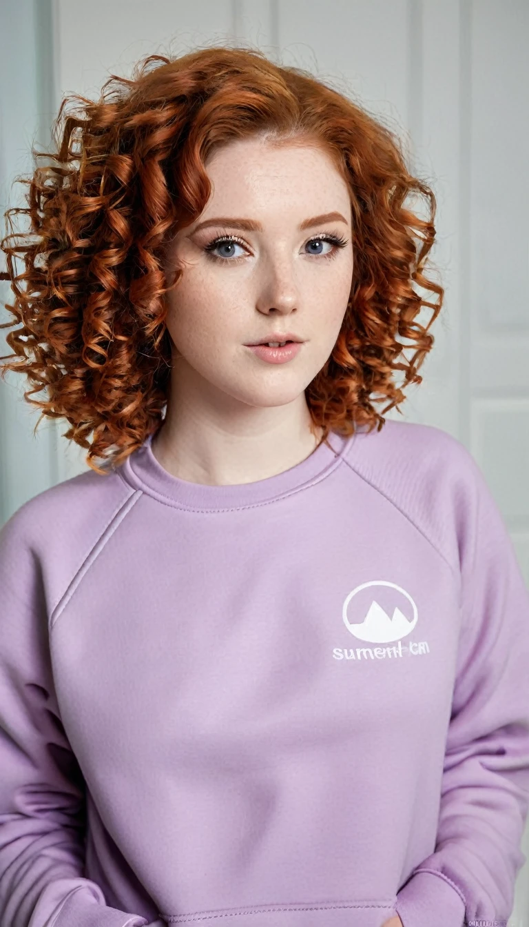 woman, redhead hair, curly hair, with sweatshirt pink,