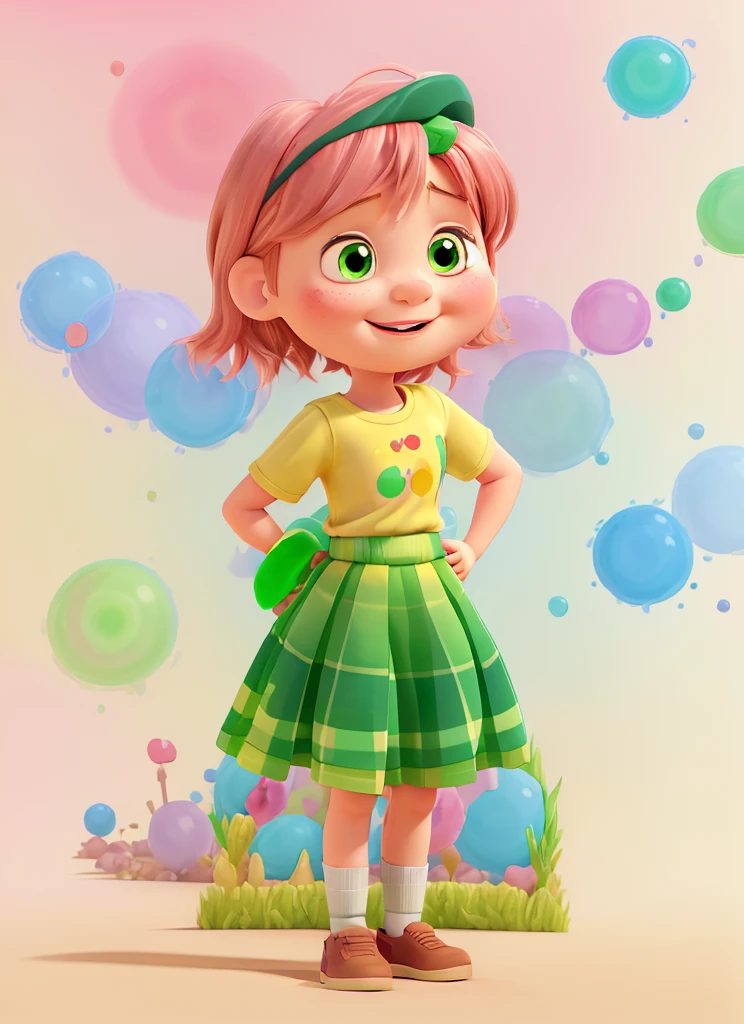 A young girl with short pink hair is wearing a yellow striped t-shirt and a green skirt. The pose and expression must be captured faithfully, and the neural background so that all attention is focused on the adorable young girl, pixar style 3DShe has a smile on her face and appears to be having fun. The adorable rendered in a Pixar-style 3D illustration in watercolor style