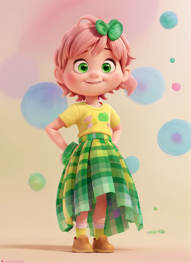 A young girl with short pink hair is wearing a yellow striped t-shirt and a green skirt. The pose and expression must be captured faithfully, and the neural background so that all attention is focused on the adorable young girl, pixar style 3DShe has a smile on her face and appears to be having fun. The adorable  rendered in a Pixar-style 3D illustration in watercolor style