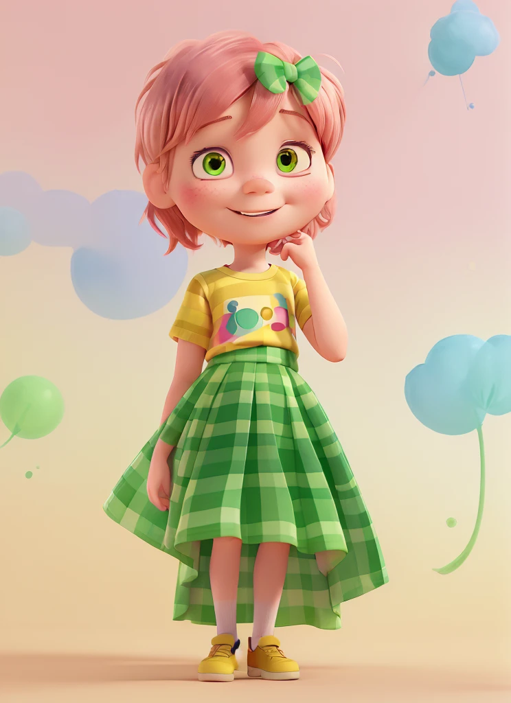 A young girl with short pink hair is wearing a yellow striped t-shirt and a green skirt. The pose and expression must be captured faithfully, and the neural background so that all attention is focused on the adorable young girl, pixar style 3DShe has a smile on her face and appears to be having fun. The adorable rendered in a Pixar-style 3D illustration in watercolor style