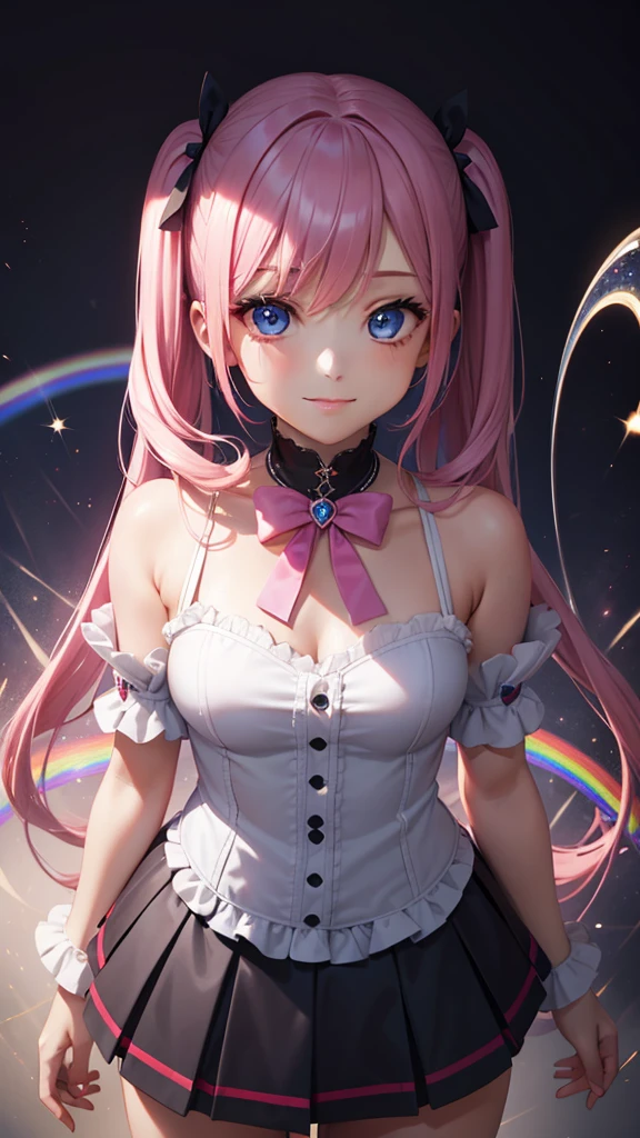Esbian all over, Tabletop: 1.2, expensiveest Quality), (Live Action, Exquisite details), (1. Female, alone, Upper Body,) clothing: Edgy, Navy Blazer, Pink mini skirt, expensive , Pink twin-tailed long hair,,、Avant-garde, Experimental Look: Long pink pigtails 、Heart-shaped choker、place: School, Shabby room, alone, nice smile, Spark of Light, rainbow、shine、Value Creation in Multimedia Art: personality, credibility, Creative Expression blue eyes