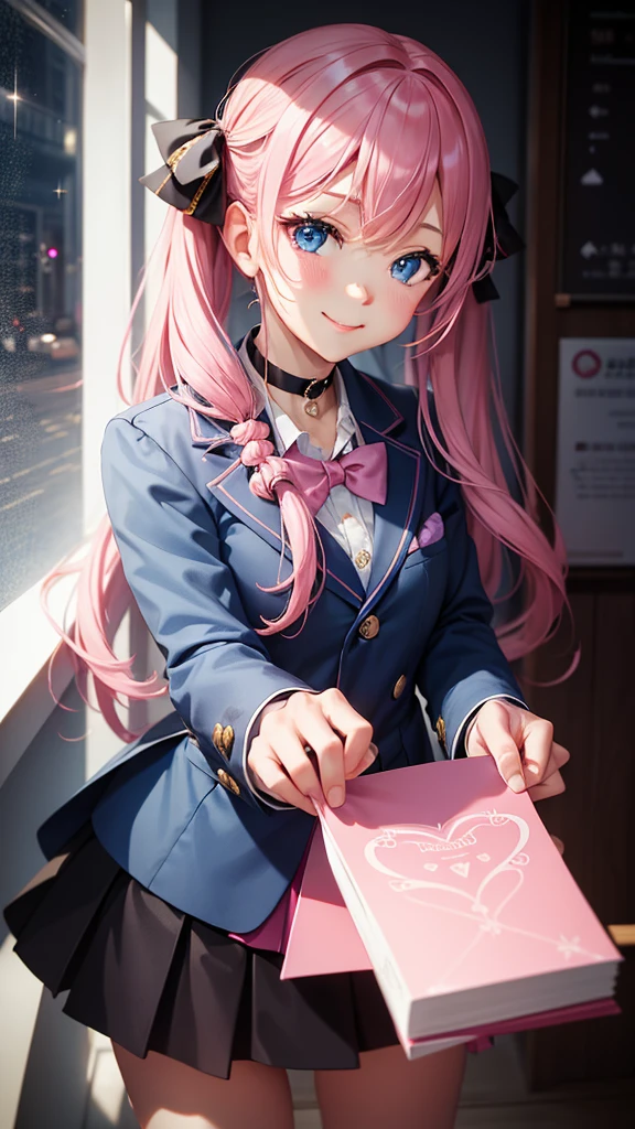 Esbian all over, Tabletop: 1.2, expensiveest Quality), (Live Action, Exquisite details), (1. Female, alone, Upper Body,) clothing: Edgy, Navy Blazer, Pink mini skirt, expensive  , Pink twin-tailed long hair,,、Avant-garde, Experimental Look: Long pink pigtails 、Heart-shaped choker、place: School, Shabby room, alone, nice smile, Spark of Light, rainbow、shine、Value Creation in Multimedia Art: personality, credibility, Creative Expression　blue eyes