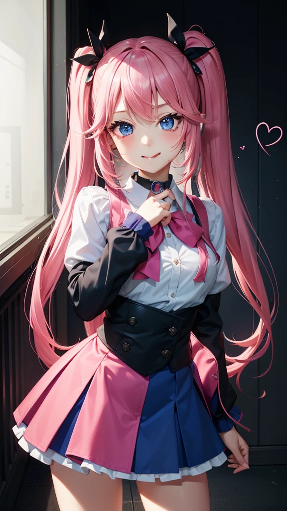 Esbian all over, Tabletop: 1.2, expensiveest Quality), (Live Action, Exquisite details), (1. Female, alone, Upper Body,) clothing: Edgy, Navy Blazer, Pink mini skirt, expensive , Pink twin-tailed long hair,,、Avant-garde, Experimental Look: Long pink pigtails 、Heart-shaped choker、place: School, Shabby room, alone, nice smile, Spark of Light, rainbow、shine、Value Creation in Multimedia Art: personality, credibility, Creative Expression blue eyes