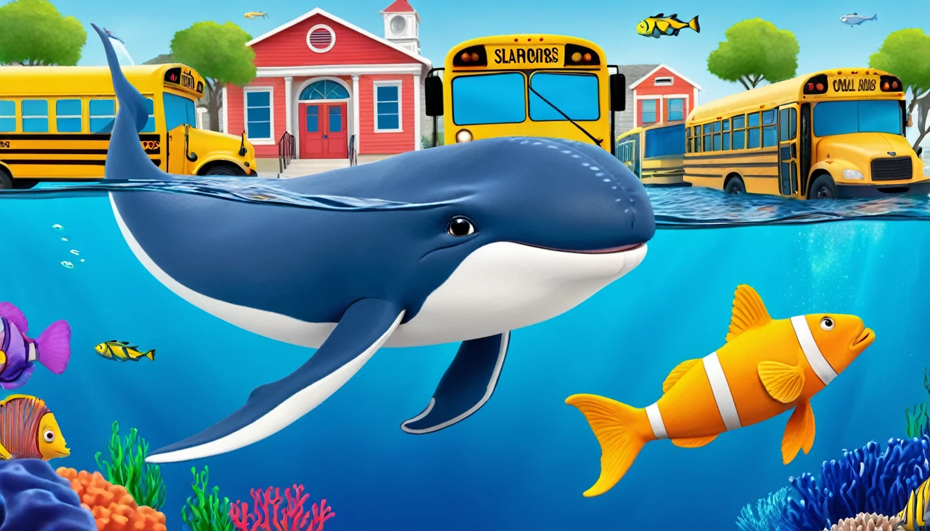 Create a 3-D Pixar style art scene for kids featuring a blue whale swimming beside three school buses for size comparison. The scene should be colorful and vibrant, with an ocean background, coral reefs, and schools of fish. The overall mood should be engaging and inviting for young children.
