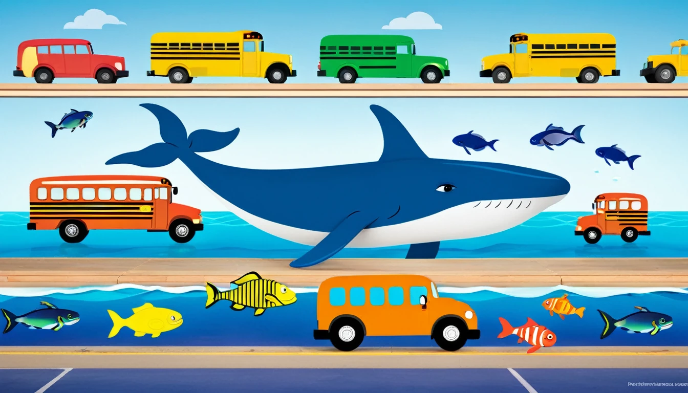 Create a 3-D Pixar style art scene for kids featuring a blue whale swimming beside three school buses for size comparison. The scene should be colorful and vibrant, with an ocean background, coral reefs, and schools of fish. The overall mood should be engaging and inviting for young children.