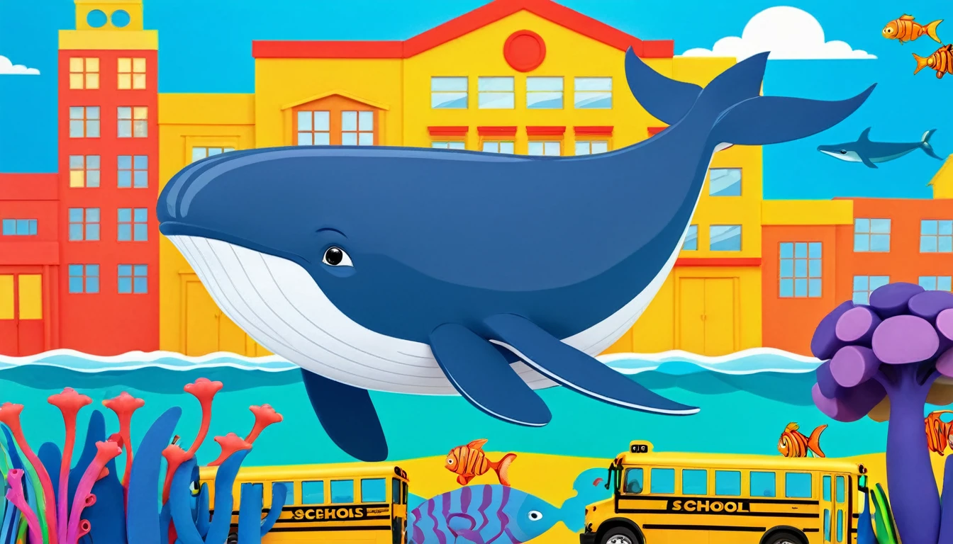 Create a 3-D Pixar style art scene for kids featuring a blue whale swimming beside three school buses for size comparison. The scene should be colorful and vibrant, with an ocean background, coral reefs, and schools of fish. The overall mood should be engaging and inviting for young children.