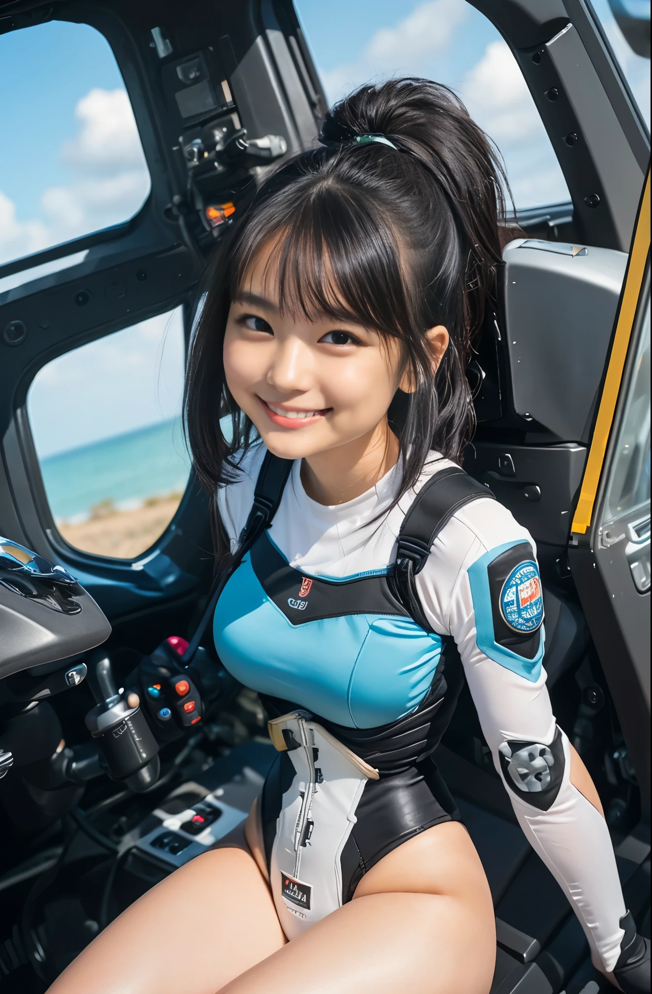 (8K、Raw photography、Highest quality、masterpiece:1.2),(Black Hair、Dark Eyes:1.9),(Plug Suit:1.6)、View your viewers,Front view,White skin,(ponytail:1.3)、(Tight waist:1.6)、(Clothes that accentuate the shape of the breasts:1.0)、(Big Breasts :1.3)、Slim figure、Ultra-high resolution,beautiful,beautiful fece,(One person、No background:1.9),whole bodyボディー,Japanese women,(reality的:1.37)、Photon Mapping,reality、(Baby-faced and cute: 1.2)、(Cute Smile: 1.8)、(Round face: 1.8)、Radio City、Physically Based Rendering、Depth of field rally background、photograph, (I can see your knees、Thigh close-up:1.8),(:1.6),whole body、Great quality
