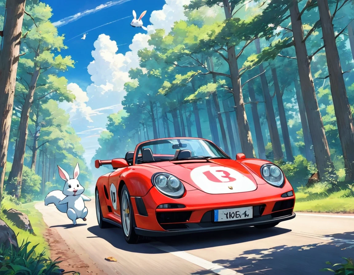 Light blue long hair、Beautiful girl with twin tails、Driving a red Porsche through the woods、Running image、Splash Art、The squirrels and rabbits are watching、Depicting the whole car、blue sky、White cloud、Bright smile、
