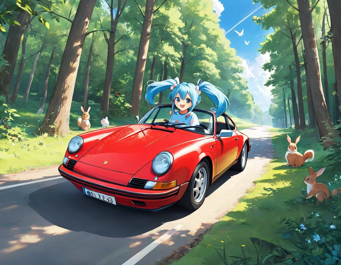 Light blue long hair、Beautiful girl with twin tails、Driving a red Porsche through the woods、Running image、Splash Art、The squirrels and rabbits are watching、Depicting the whole car、blue sky、White cloud、Bright smile、