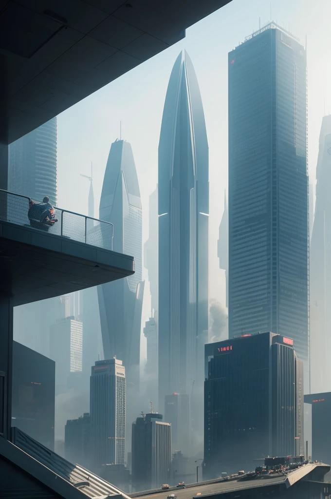 Show me a futuristic city on an afternoon in a completely smoky environment
