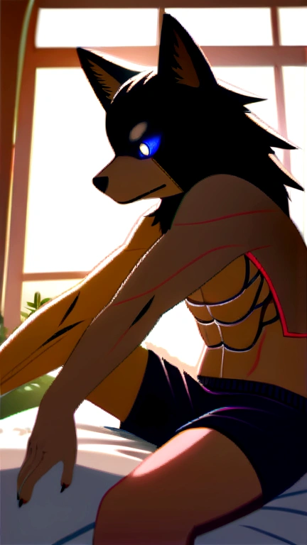 4k, high resolution, best quality, perfect colors, perfect shadows, perfect lighting, posted on e621, (by Chunie), male, furry, Wolf anthro, solo,eyes, (Realistic eye details 1.2), in bed, waking up, yawning, stretching body, wearing shorts, with morning sunlight, abs, dramatic lighting, soft lighting, day, highly detail, Hair coiled, glare, delight, wake up early position, Abstract beauty, centre, Looking at the window, Facing the window, nearing perfection, Dynamic, highly detailed, Liso, sharp focus, 8K, A high resolution, illustration