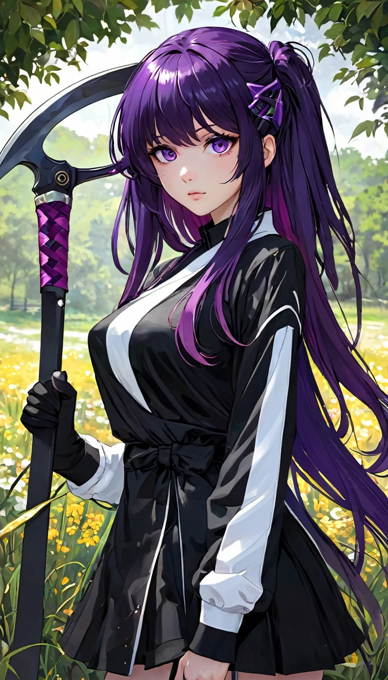 cute anime girls holding anime scythe anime girls anime sword anime girls anime scythe animescpythe anime weapons animescpythe anime pictures animescpythe anime wallpaper, scythe, 1girl, holding scythe, solo, long hair, holding, black hair, purple eyes, colored inner hair, looking at viewer, weapon, halo, outdoors, long sleeves, bangs, holding weapon, multicolored hair , (best quality, masterpiece, ultra-detailed, illustration),(4K wallpaper),(beautiful detailed eyes), beautiful, amazing, detailed eyes, (detailed skin)(art inspired by Bill Sienkiewicz). oil painting) 
