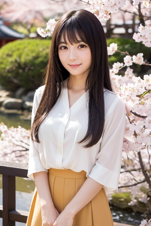 “Create a realistic image of a cute Japanese woman. She has long, straight black hair, big brown eyes, and a gentle smile. She is wearing a casual but stylish outfit, perhaps a light blouse and skirt, standing in a Japanese garden with cherry blossom trees in bloom. The background shows a traditional Japanese setting with a hint of a torii gate. Her expression is warm and friendly, making her look approachable and kind.”