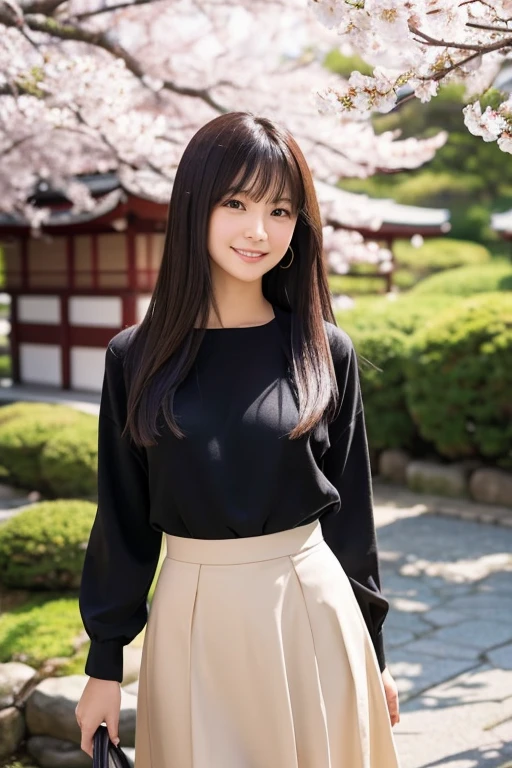 “Create a realistic image of a cute Japanese woman. She has long, straight black hair, big brown eyes, and a gentle smile. She is wearing a casual but stylish outfit, perhaps a light blouse and skirt, standing in a Japanese garden with cherry blossom trees in bloom. The background shows a traditional Japanese setting with a hint of a torii gate. Her expression is warm and friendly, making her look approachable and kind.”