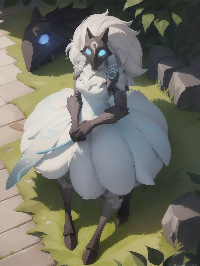 (masterpiece, best quality:1.4),
1girl, standing, full body, furry male, body fur, (white fur, white skin:1.1), chest tuft, digitigrade, (cowboy shot:1.2), (from above, face focus:1.4),
white hair, long hair, femboy 
black mask, (blue eyes, glowing eyes:1.4),
hooves,
(white dress:1.4),
small breasts,
BREAK,
nature, jungle, magical forest, fantasy forest, grass, purple leaves, plants, glowing flowers, rocks, day,