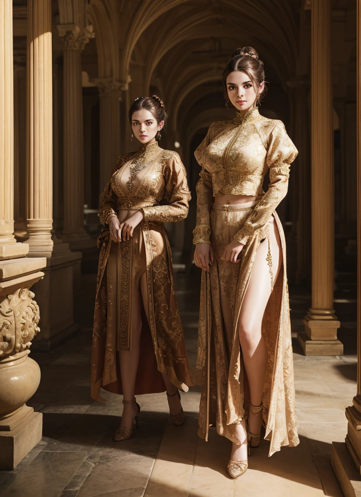 fulllength, 1 girl, perfect body, perfect face, fantasy noblewoman, brown hair tied in a bun, hazel eyes, wearing elegant clothing, standing in a palace, midriff, kind welcoming face, large breasts