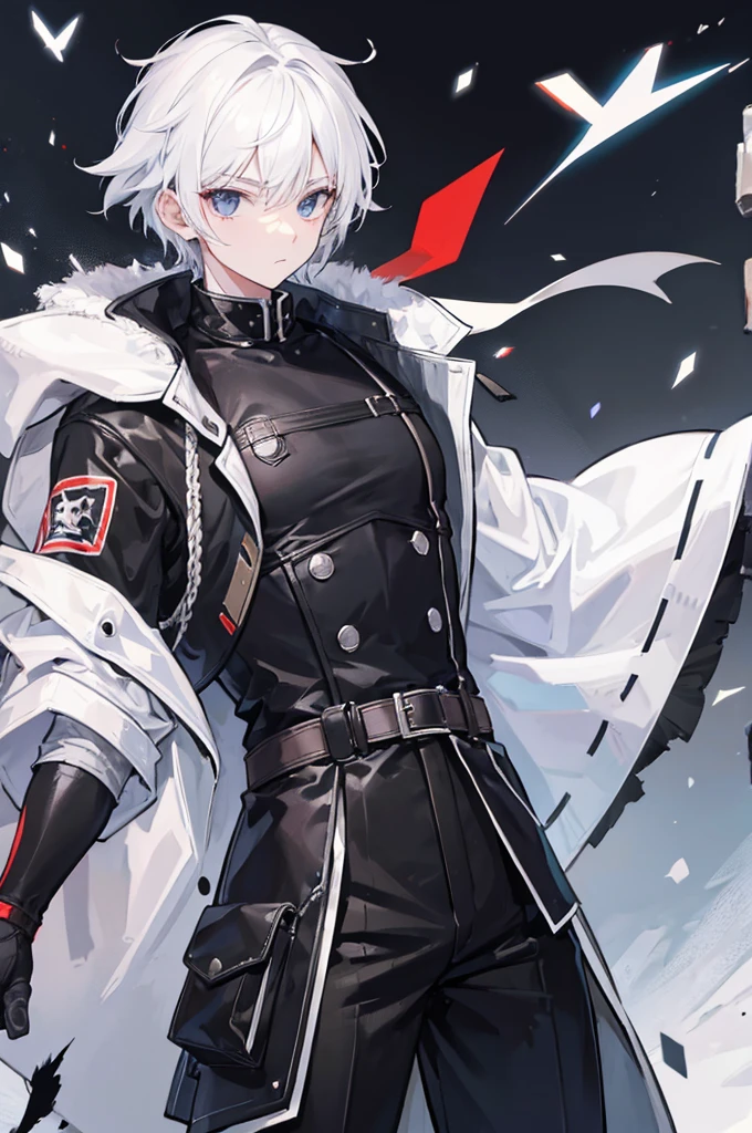 boy, white hair, black eyes, black hunter clothing