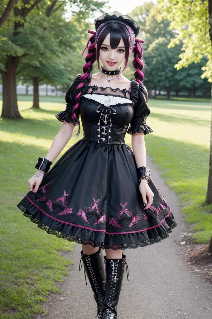 sexy stylish female model, only 1 female, ((doll-like appearance)), long dramatic stylish hair, ((shiny Punk-Style boots)), (big smile), ultra detailed eyes, Punk makeup, lipgloss, ((sexy Punk Lolita cosplay)), unconventional skirt, petticoats, high neckline, ((ultra detailed lace)), ((ultra detailed embroidery)), intricate details, tartan patterns, safety pins, Punk Lolita accessoires, Punk Lolita choker, ((large sparkling Punk Lolita jewelry)), cinematic light, detailed large park background with trees