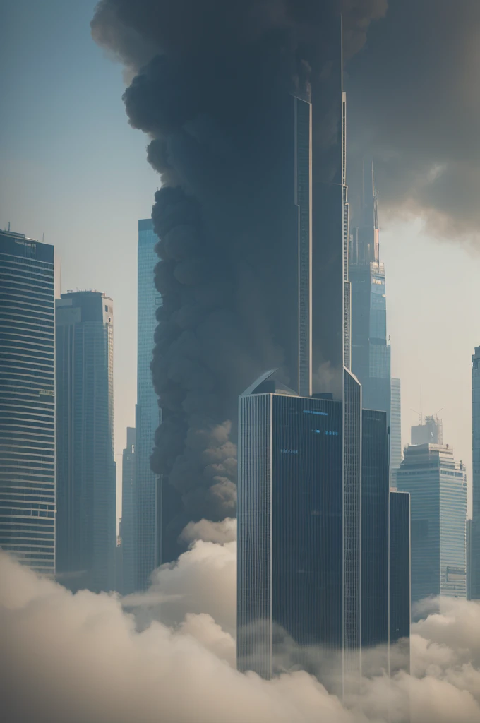 It shows a futuristic city and a different building on a completely smoky afternoon