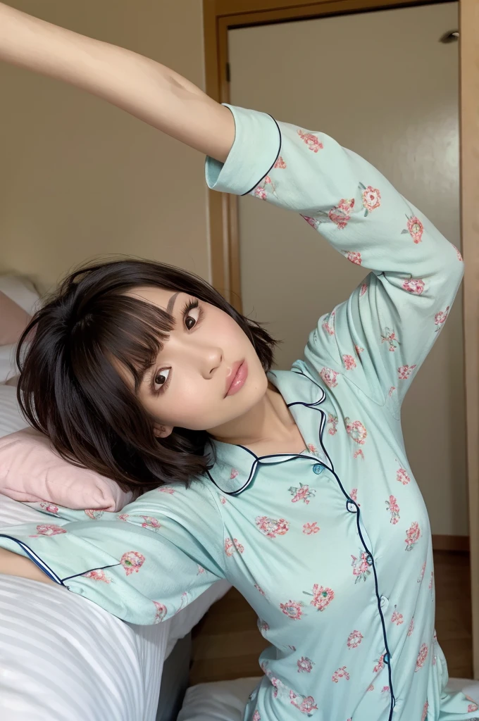 1woman, idol, medium bob hair, disheveled hairstyle, waking up, sleepy face, pajamas are open, bed, stretch