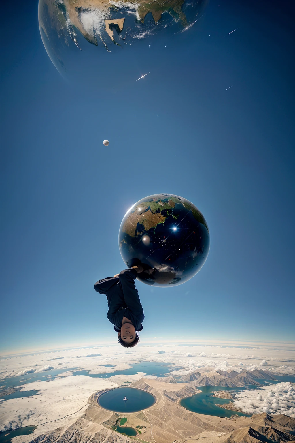 Boy levitating over planet earth, cosmos, universe