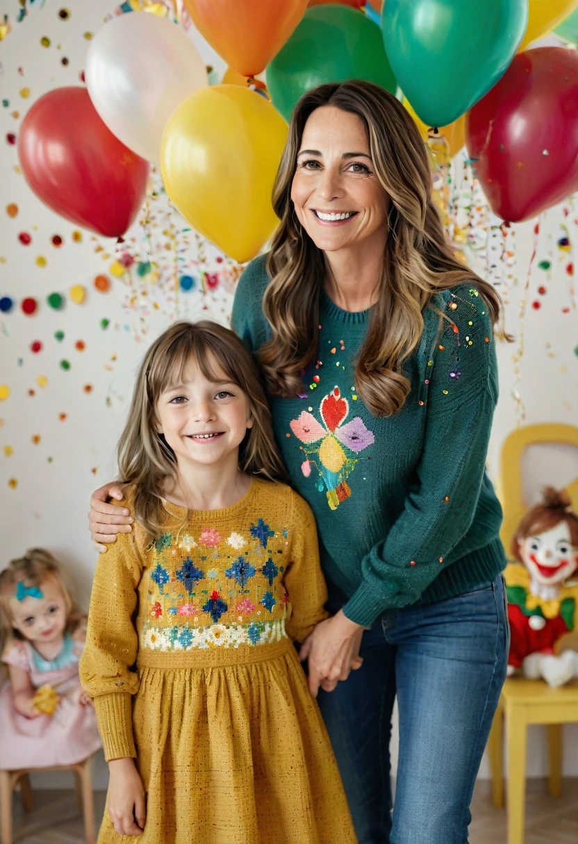 A warm and vibrant photograph captures the tender moment between a 45-year-old brunette woman with medium-sized, sagging breasts and her 13-year-old daughter. Her mother, dressed in a dark green cross-stitch sweater and navy blue jeans, is standing next to her daughter, who is wearing a mustard and beige children's party dress and a radiant smile. Her almond eyes shine with joy as they look at each other.
The background is a lively children's party, full of colorful balloons and playful clowns. The confetti and streamers add to the festive atmosphere and frame her seriousness as she tenderly holds her daughter's hand.