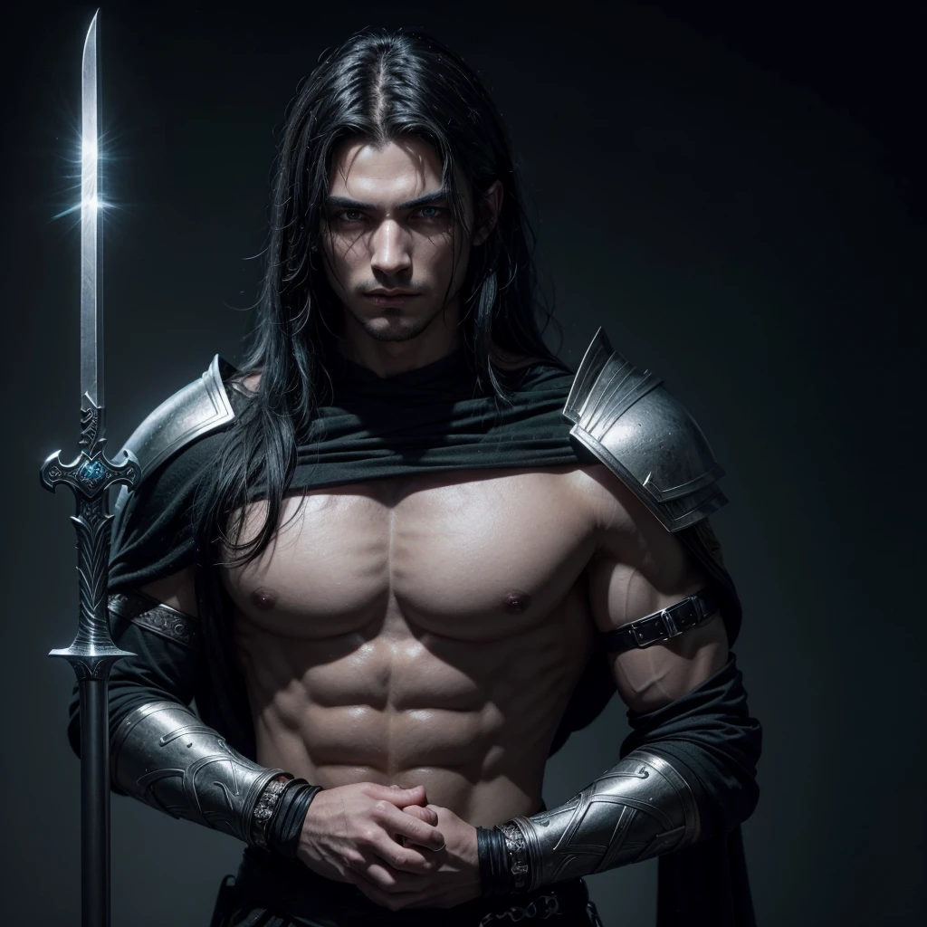 Man warrior with green eyes ,blackquality hair, draped over the shoulders, black clothes with silver details, two swords crossed on the back and one held in the hands, with a blue aura surrounding your body.