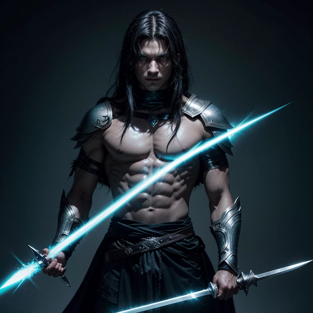 Man warrior with green eyes ,blackquality hair, draped over the shoulders, black clothes with silver details, two swords crossed on the back and one held in the hands, with a blue aura surrounding your body.