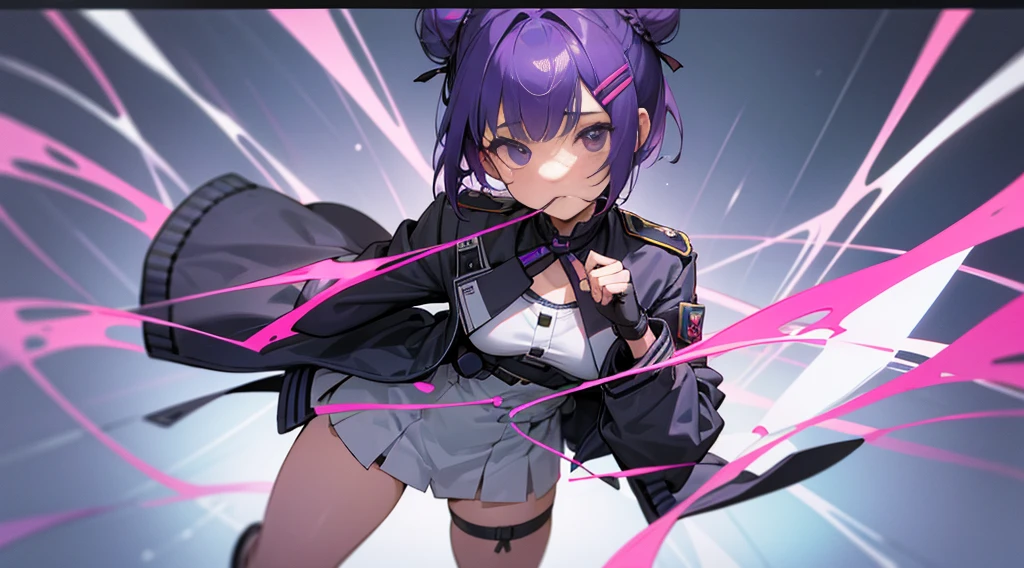 Top Quality, 8K, 4K, High Definition, Detail, (better-quality, 8K, 12), top-quality, 1 girl、purple short bob hair clip tied into a bun、black eyeedium breasts、uniform、gray jacket with pink line, fingerless gloves、thighs、Ilcha fousing on her, surprise face, having her hands her face, making cute surprise expressing. picture pose, she is standing up, she has a loil pop in her mouth, (she up close only showing face and her chest.)