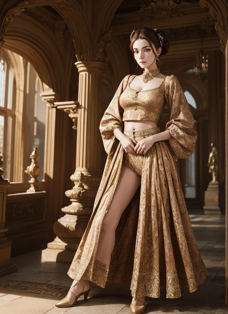 fulllength, 1 girl, perfect body, perfect face, fantasy noblewoman, brown hair tied in a bun, hazel eyes, wearing elegant clothing, standing in a palace, midriff, kind welcoming face, large breasts