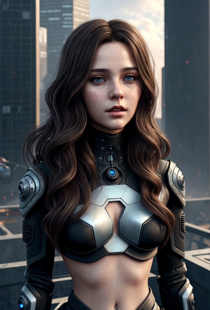 Young brunette woman Clara with wavy hair ::futuristic cyberpunk style ,realistic style ::n_style digital painting, deformed parts, distorted face ::seed 1234