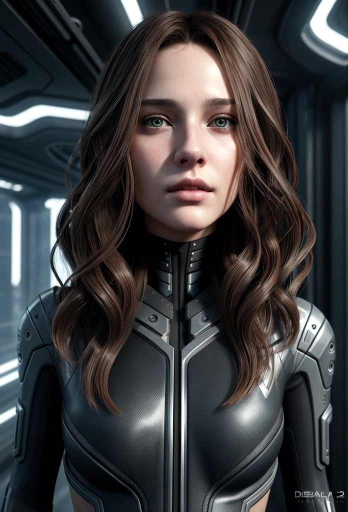 Young brunette woman Clara with wavy hair ::futuristic cyberpunk style ,realistic style ::n_style digital painting, deformed parts, distorted face ::seed 1234
