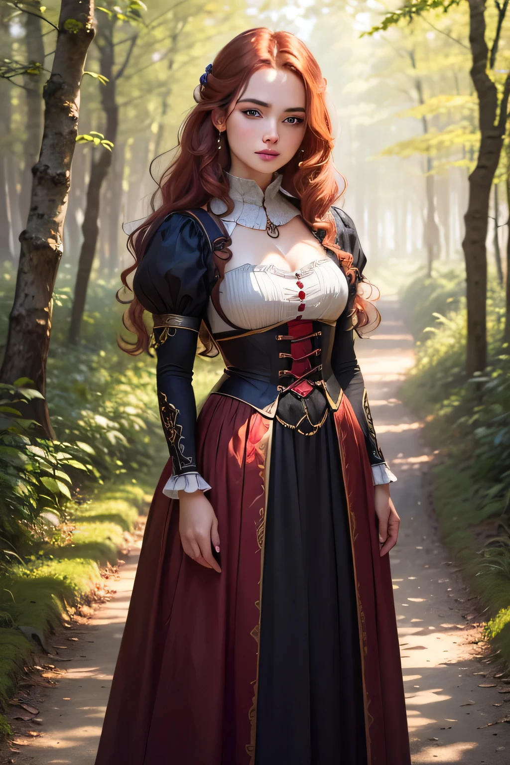 ((best quality)), ((masterpiece)), (detailed), Prize-winning works, with incredible details, maximum textures and details, uhd ,super resolution , 1 portrait of a red-haired girl,beautiful face, standing on a path in a magical forest, developing hair, wavy, wearing a medieval dress ,fully body (20 year old young man :1.1,detailedeyes, face detailed, whole body:1.1,the background is a forest ),(best qualityer:1.2,ultra detali:1.1,realisitic:1.37) ,eyeshadows,sharp focus,swirly vibrant colors,), (twilight), 8K