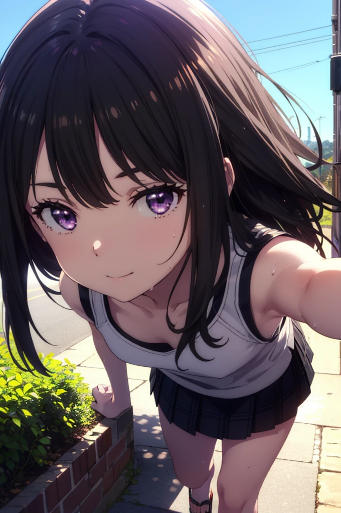 Takiuchikami, Check it out, Long Hair, bangs, Black Hair, (Purple eyes:1.2),happy smile, smile, Close your mouth,Sweat,White Tank Top,Checked skirt, Heeled Sandals,Walking,Daytime,Clear skies,whole bodyがイラストに入るように,
break outdoors, countryside,
break looking at viewer, whole body,
break (masterpiece:1.2), Highest quality, High resolution, unity 8k wallpaper, (figure:0.8), (Beautiful attention to detail:1.6), Highly detailed face, Perfect lighting, Highly detailed CG, (Perfect hands, Perfect Anatomy),