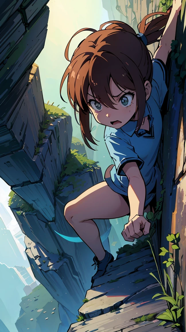 A cartoon character with a panicked expression hangs precariously from the edge of a wall. He grabs a rocky ledge with one hand as he struggles not to fall, and in the background, a dizzying descent can be seen. The bluish light around the character highlights the imminent danger and accentuates the dramatic atmosphere of the scene."