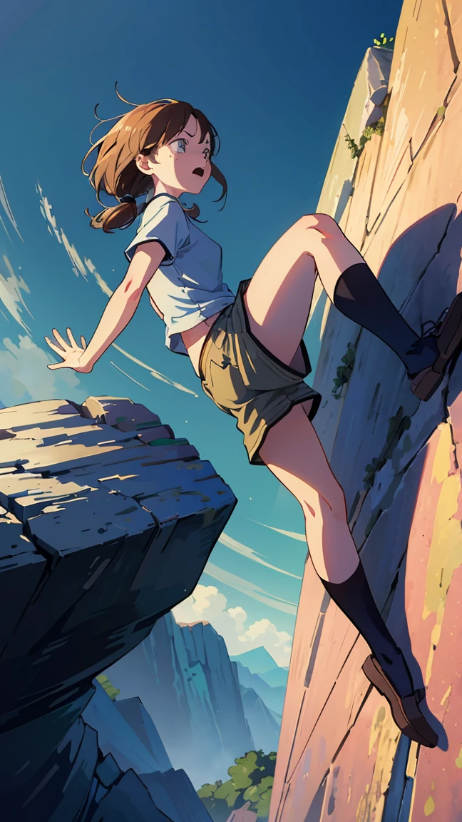 A cartoon character with a panicked expression hangs precariously from the edge of a wall. He grabs a rocky ledge with one hand as he struggles not to fall, and in the background, a dizzying descent can be seen. The bluish light around the character highlights the imminent danger and accentuates the dramatic atmosphere of the scene."