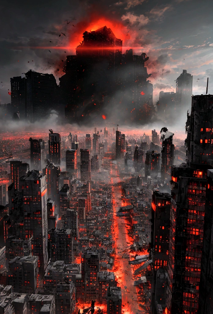  a destroyed city red and black with a giant shadow see form far 