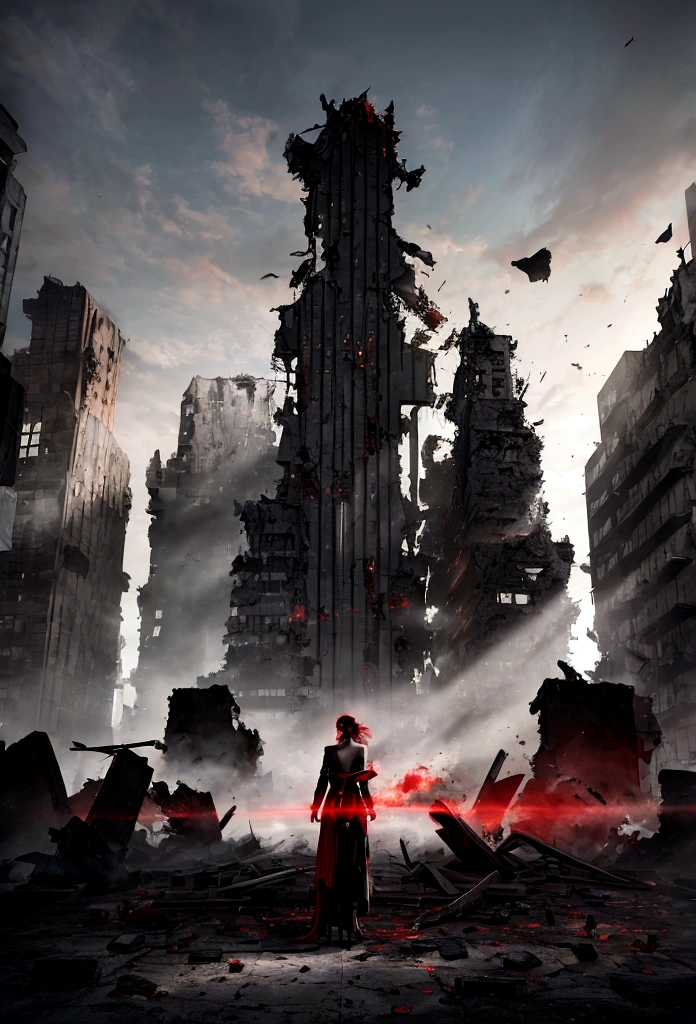 a destroyed city red and black with a giant shadow see form far