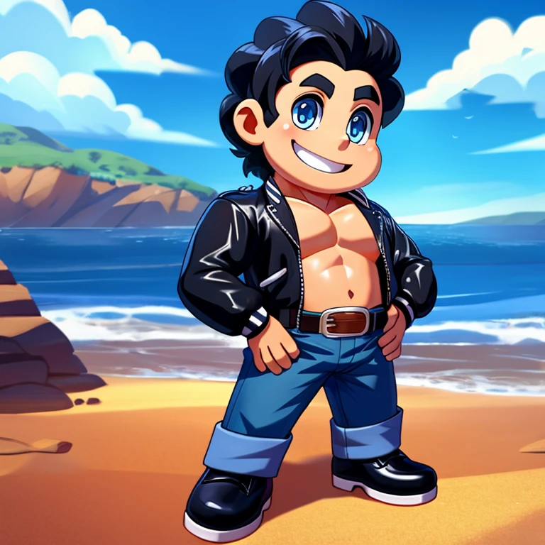 handsome anime boy, blue eyes beautiful like diamonds, hair blue like the sea, his face carved by the angels themselves, a black leather jacket, a pair of cowboy pants, pure black leather shoes,  naked showing his penis, normal size, a beautiful and bright smile, no furry.