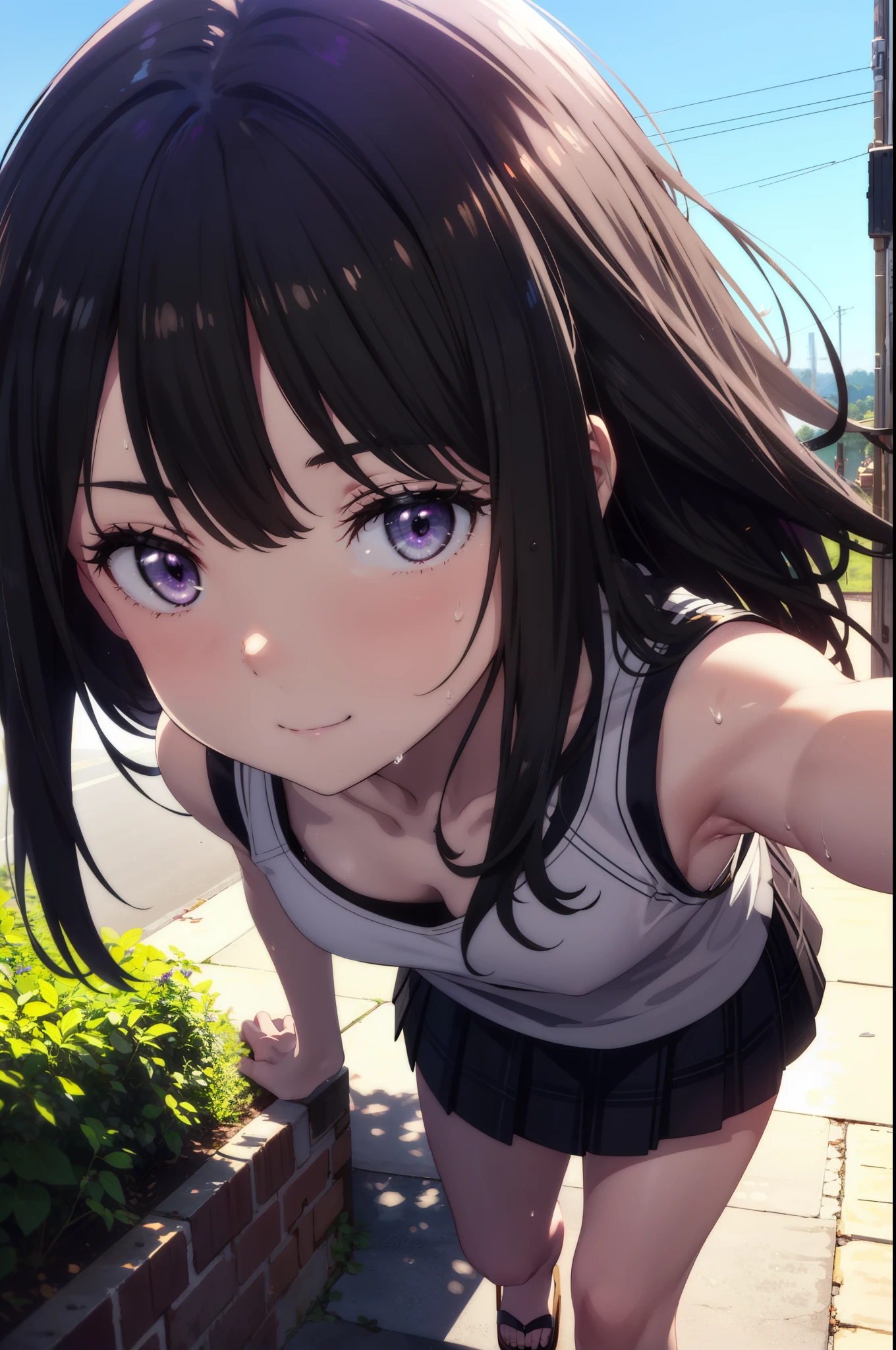 Takiuchikami, Check it out, Long Hair, bangs, Black Hair, (Purple eyes:1.2),happy smile, smile, Close your mouth,Sweat,White Tank Top,Checked skirt, Heeled Sandals,Walking,Daytime,Clear skies,whole bodyがイラストに入るように,
break outdoors, countryside,
break looking at viewer, whole body,
break (masterpiece:1.2), Highest quality, High resolution, unity 8k wallpaper, (figure:0.8), (Beautiful attention to detail:1.6), Highly detailed face, Perfect lighting, Highly detailed CG, (Perfect hands, Perfect Anatomy),