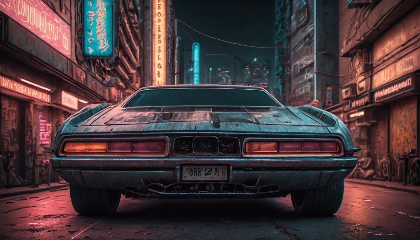 Hyper realistic,metal,professional photo of a futuristic muscle car with multiple modifications, large wheels, driving, cybernetic hood, cyber car parts, front pop up headlights, science fiction, sci-fi scenario, (night), natural light, cyberpunk, futuristic city, cyberpunk city, neon signs, highly detailed, (highly detailed background), multiple buildings in the background, detailed textures, wide angle, 8k, HDR, professional photoshoot, high quality photo, realistic photo, realistic shadows, detailed shadows, realistic proportions,film grain, raw photo,(front),