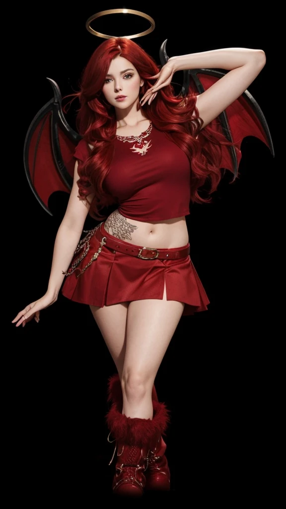 A beautiful girl in full body, with a red crop top, with a red skirt, with red dragon wings, with red furry boots and with long red hair.
