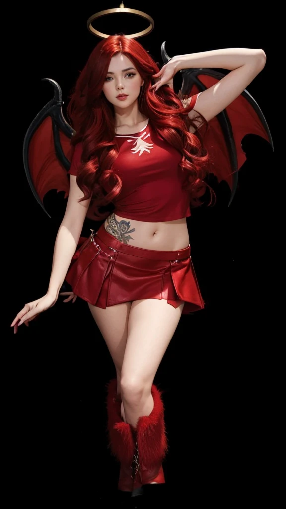A beautiful girl in full body, with a red crop top, with a red skirt, with red dragon wings, with red furry boots and with long red hair.